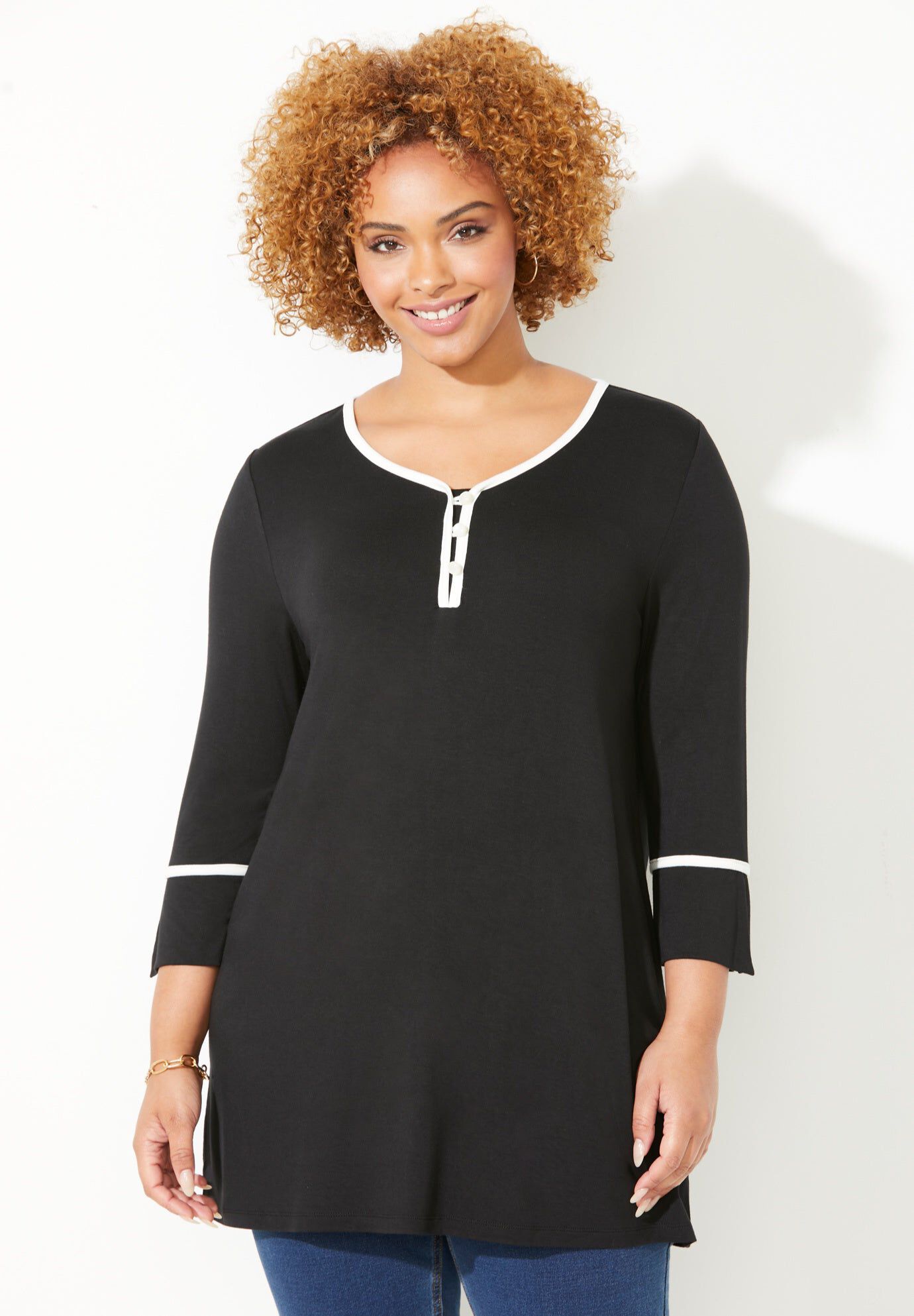 Liz&Me&reg; Henley Top, BLACK, hi-res image number 0