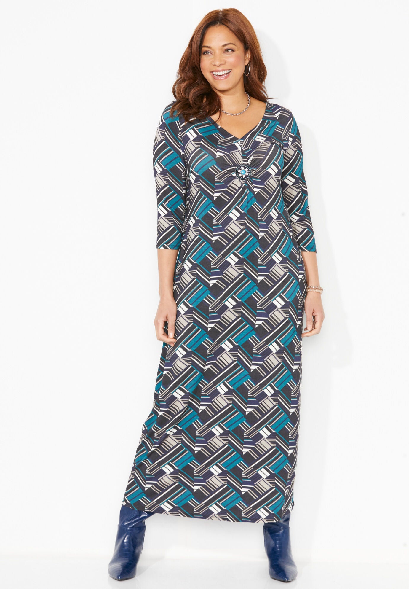 AnyWear Beaded Medallion Maxi Dress V neck Deep Teal Geo Catherines