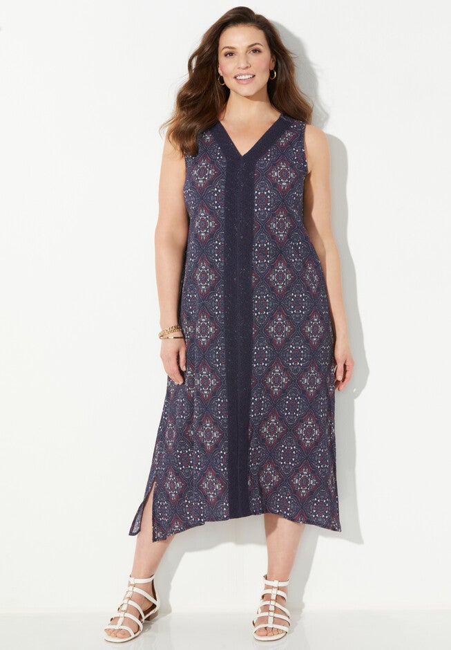Crochet Trim Gauze Dress, NAVY PAISLEY MEDALLION, hi-res image number null