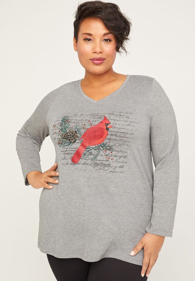 Glittering Cardinal Tee With Long Sleeves, HEATHER GREY, hi-res image number null