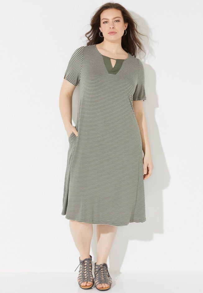 Daylight Stripe A-Line Dress (With Pockets), CLOVER GREEN, hi-res image number 0