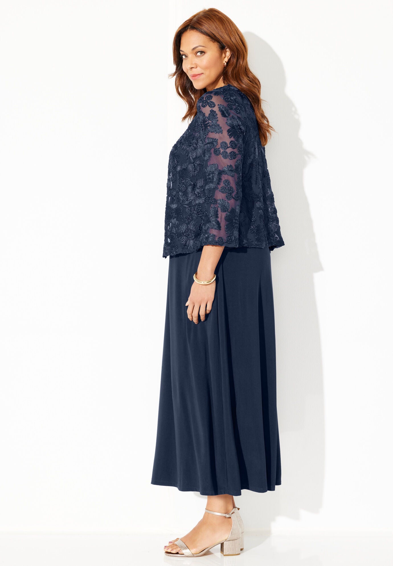 Embroidered Jacket Dress Maxi ALine, Navy Catherines