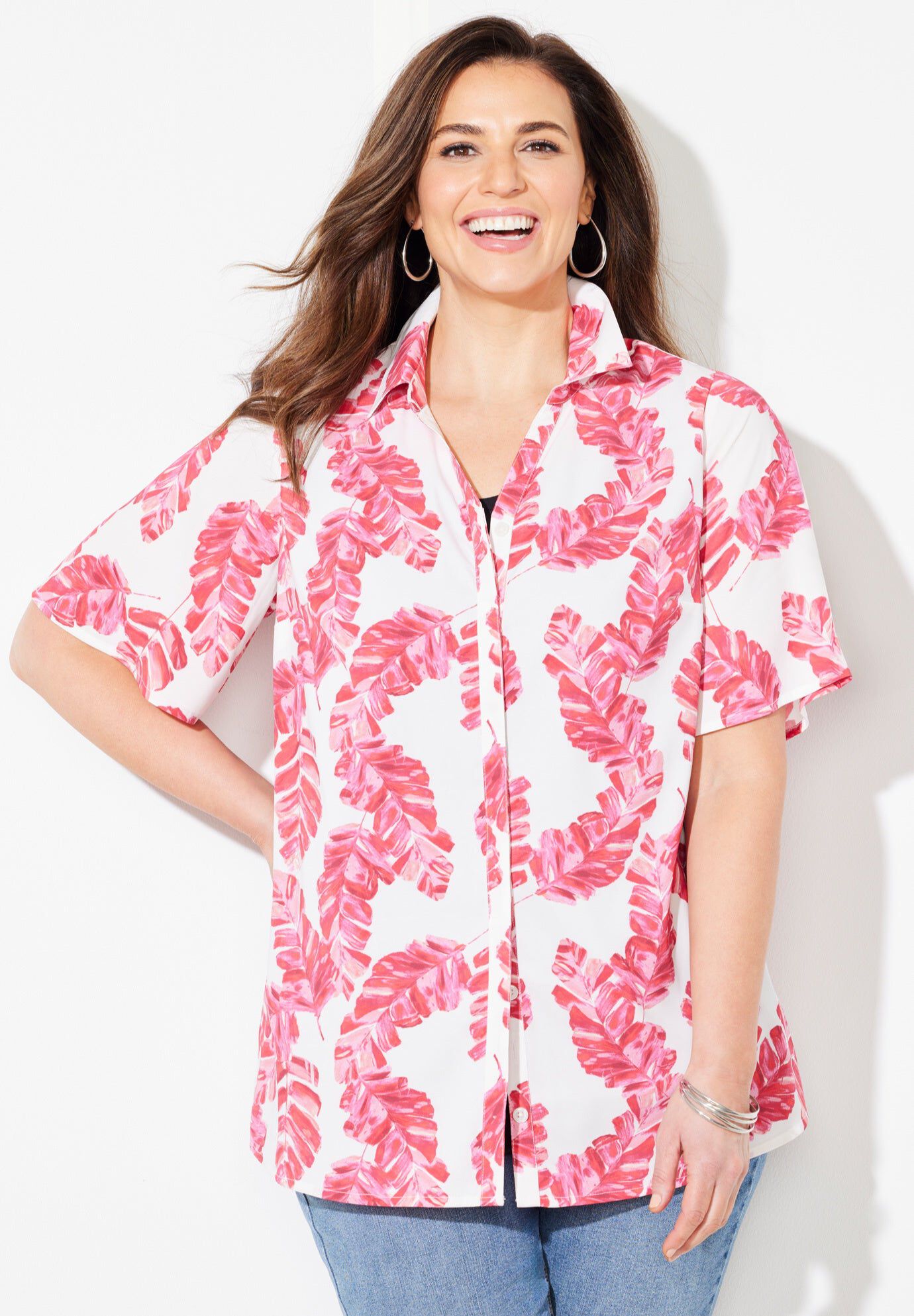 Timeless Short Sleeve Blouse - Georgette Fabric, Prism Pink Palm