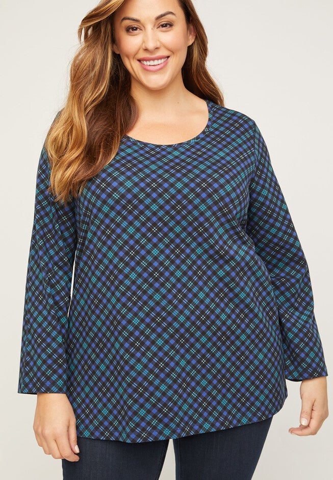 Winterbloom Plaid Top With Long Sleeves, BLUE BLACK PLAID, hi-res image number null