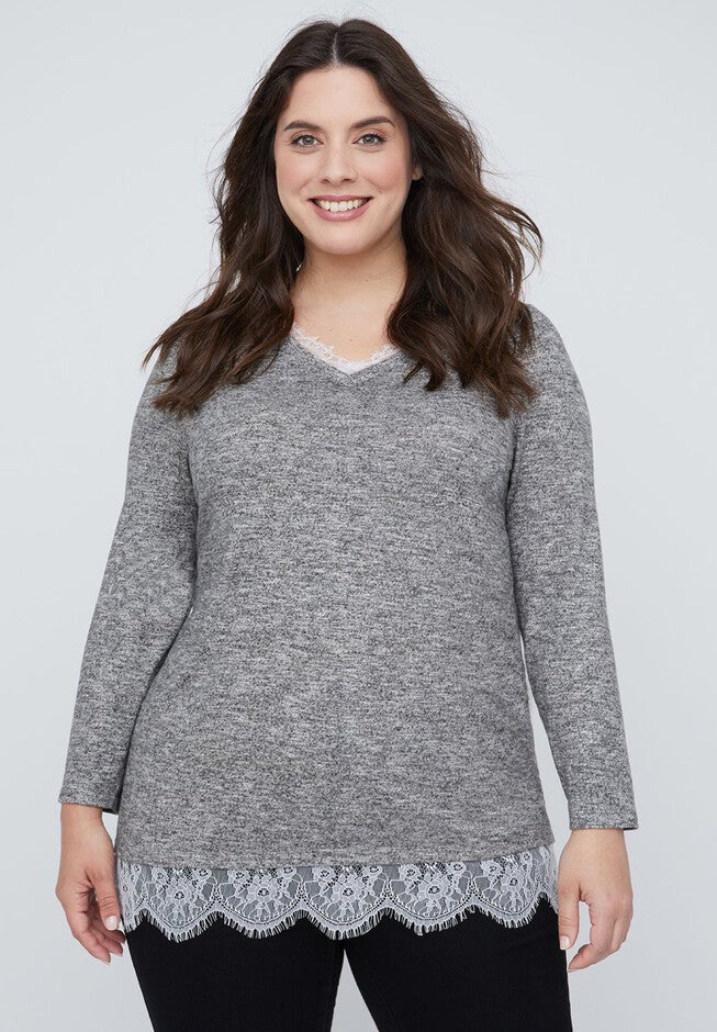 Heather & Lace Duet Top, MEDIUM HEATHER GREY, hi-res image number null