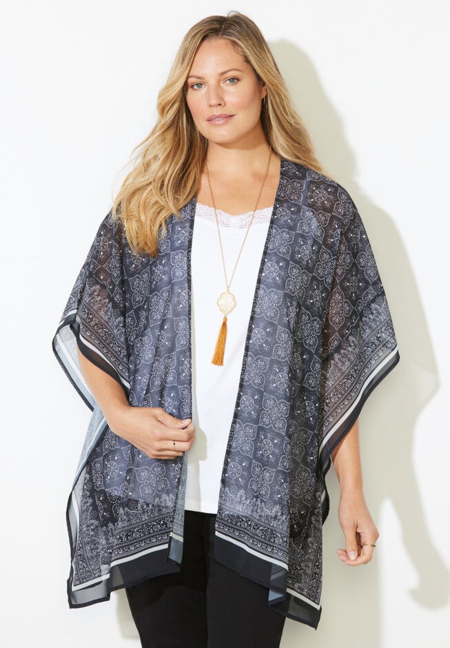 Scarf Print Kimono, BLACK AND WHITE PRINT, hi-res image number null