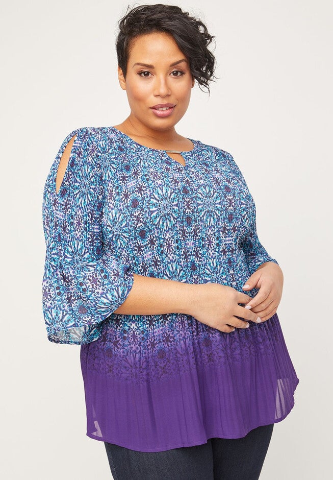Hidden Cove Pleated Georgette Top, PURPLE MEDALLION, hi-res image number 0