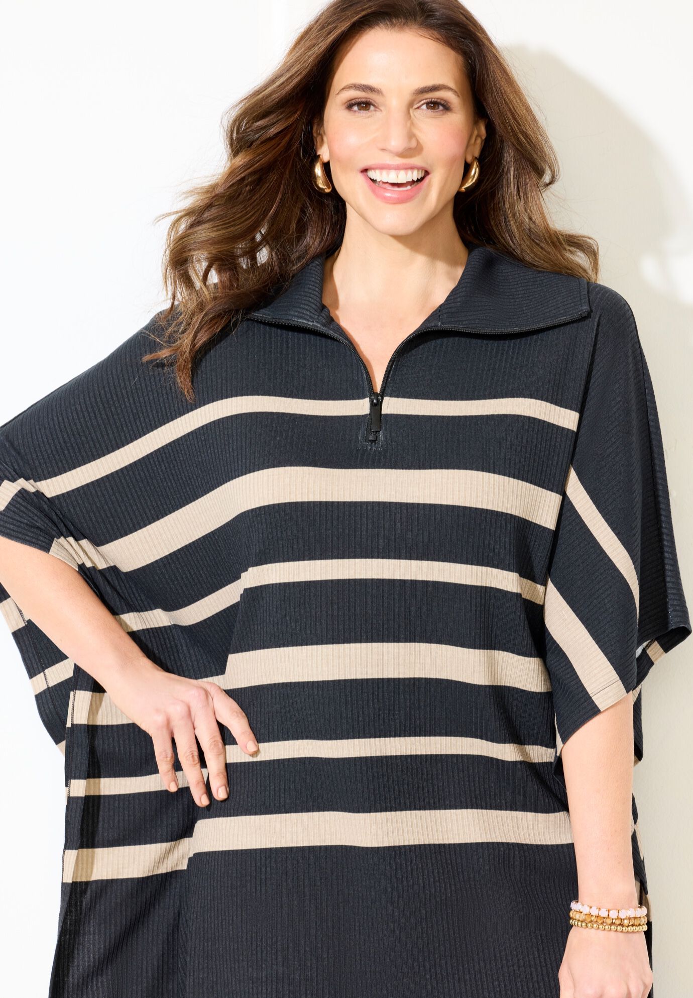 AnyWear Brushed Hacci Ribbed Poncho, BLACK STRIPE, alternate image number 3
