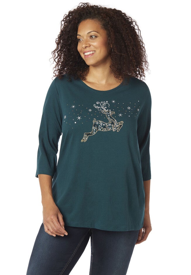 Reindeer 3/4-Sleeve Tee, EVERGREEN LANE, hi-res image number 0