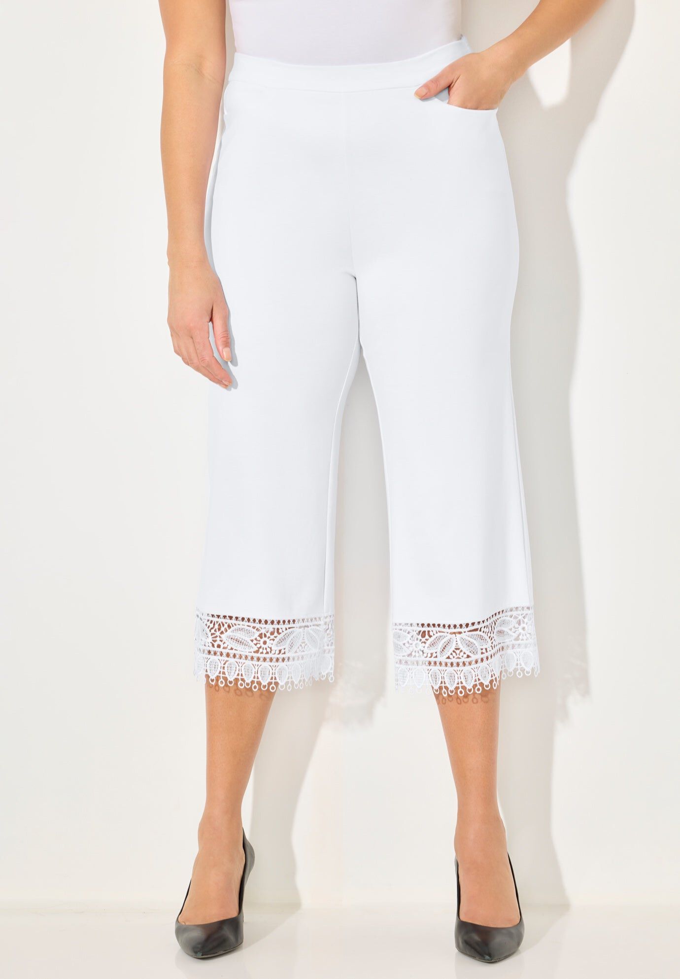 Ponte Knit Lace Capri, WHITE, hi-res image number 0