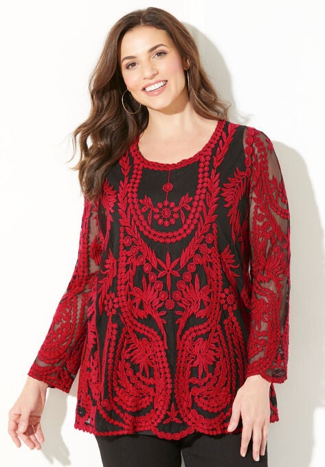 Embroidered Mesh Top, CLASSIC RED, hi-res image number null