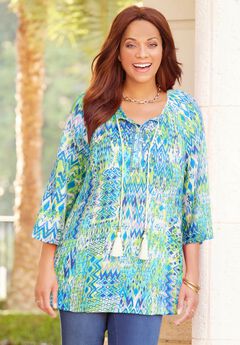 Sequin Trim Gauze Peasant Blouse