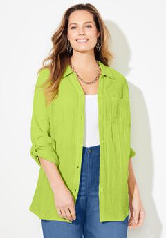 AnyWear Pucker Cotton Buttonfront Roll Tab Shirt