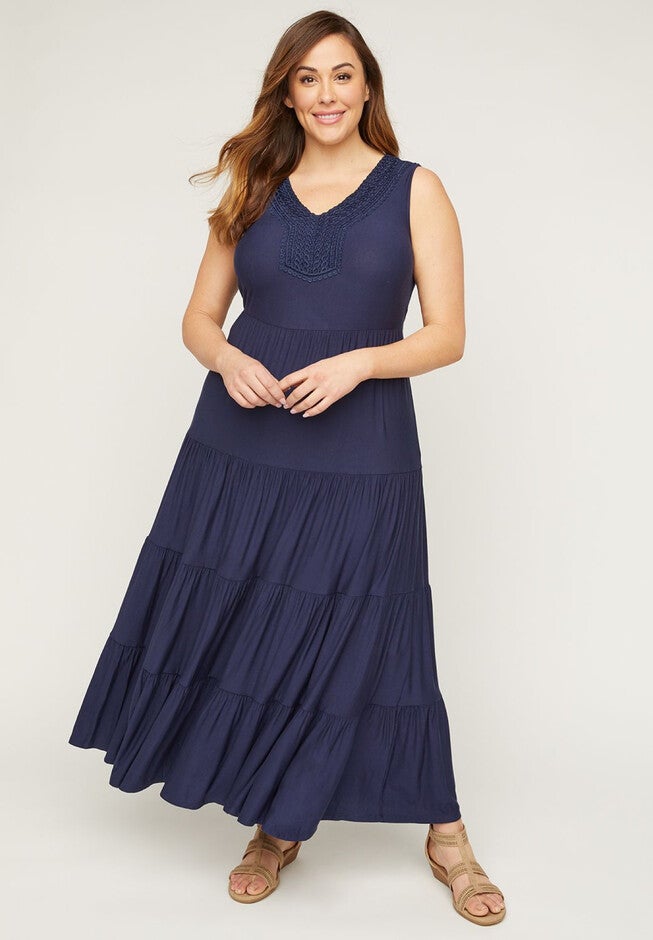 Tiered Maxi Dress with Embroidery, MARINER NAVY, hi-res image number 0