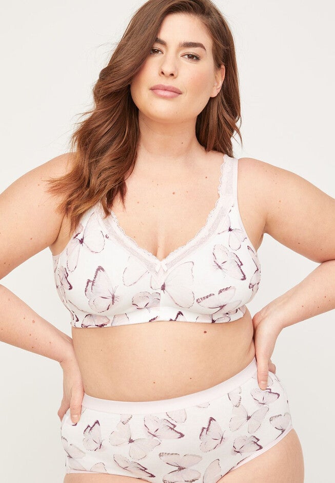 Printed Cotton Comfort No-Wire Bra With Lace, WHITE PINK BUTTERFLIES, hi-res image number 0