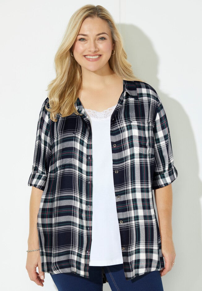 Modern Plaid Blouse, BLUE MULTI PLAID, hi-res image number 0