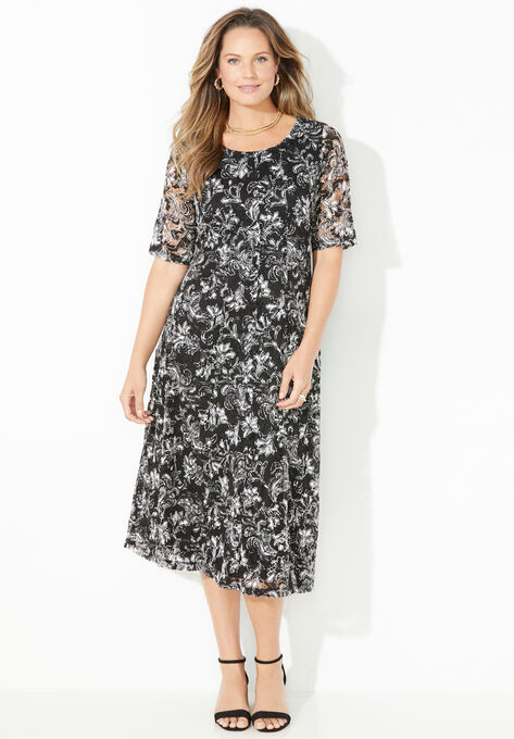 Stretch Lace Fit & Flare Dress, BLACK FLORAL PAISLEY, hi-res image number null