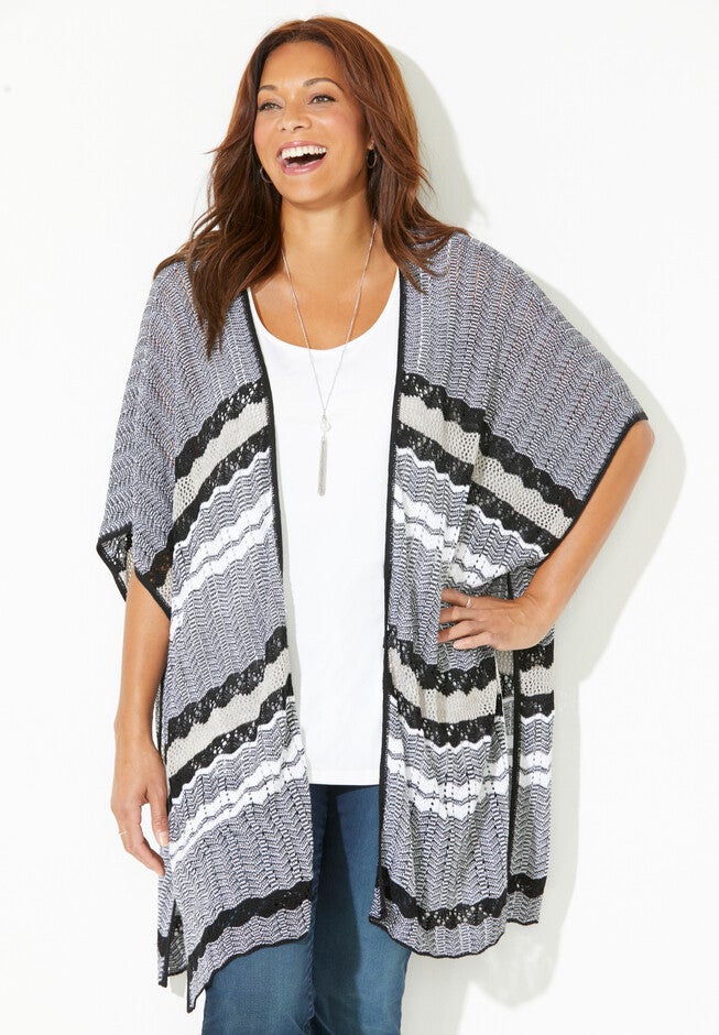 Pointelle Stripe Kimono, BLACK WHITE STRIPE, hi-res image number null