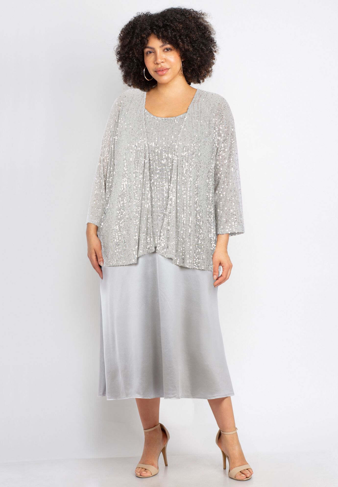 2-Piece Sequin & Charmeuse Jacket Dress Set, SILVER, hi-res image number 0