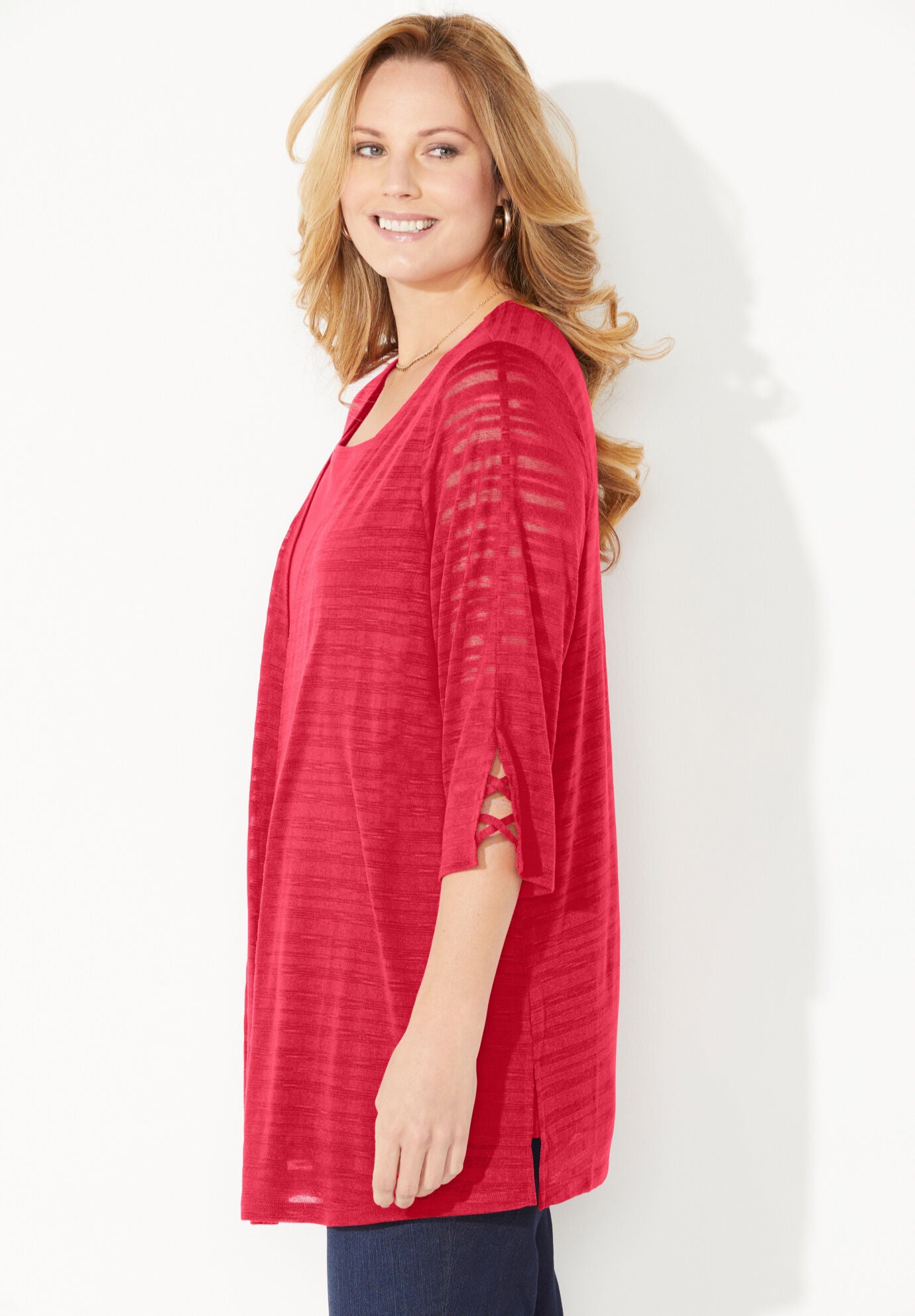 Shadowstripe Burnout Cardigan, CLASSIC RED, alternate image number 3