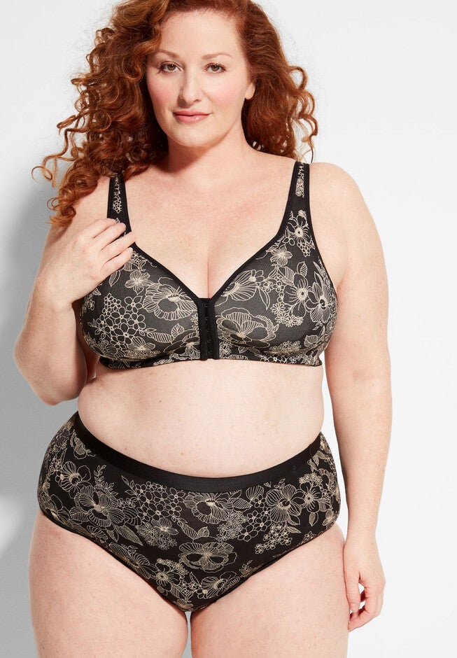 Cotton Comfort Front-Close No-Wire Bra, BLOSSOMS BLACK FRAPPE, hi-res image number 0
