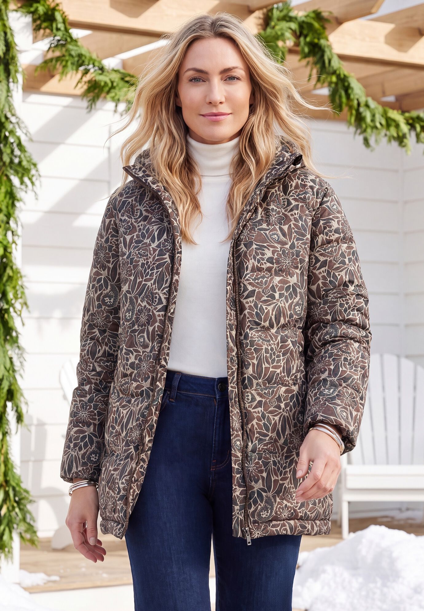 Packable Puffer Coat, NEUTRAL CUTOUT FLORAL, hi-res image number 0