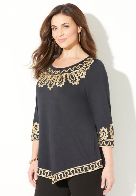 Pointed Hem Embroidered Top, , alternate image number null
