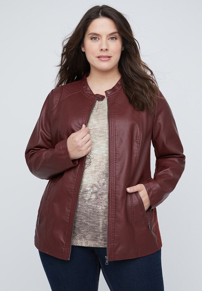 Vegan Leather Jacket, RED, hi-res image number 0