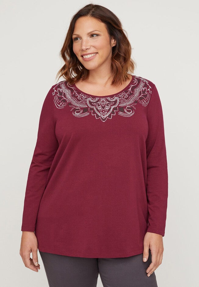 Long Sleeve Silvery Scroll Top, DEEP RUBY, hi-res image number null