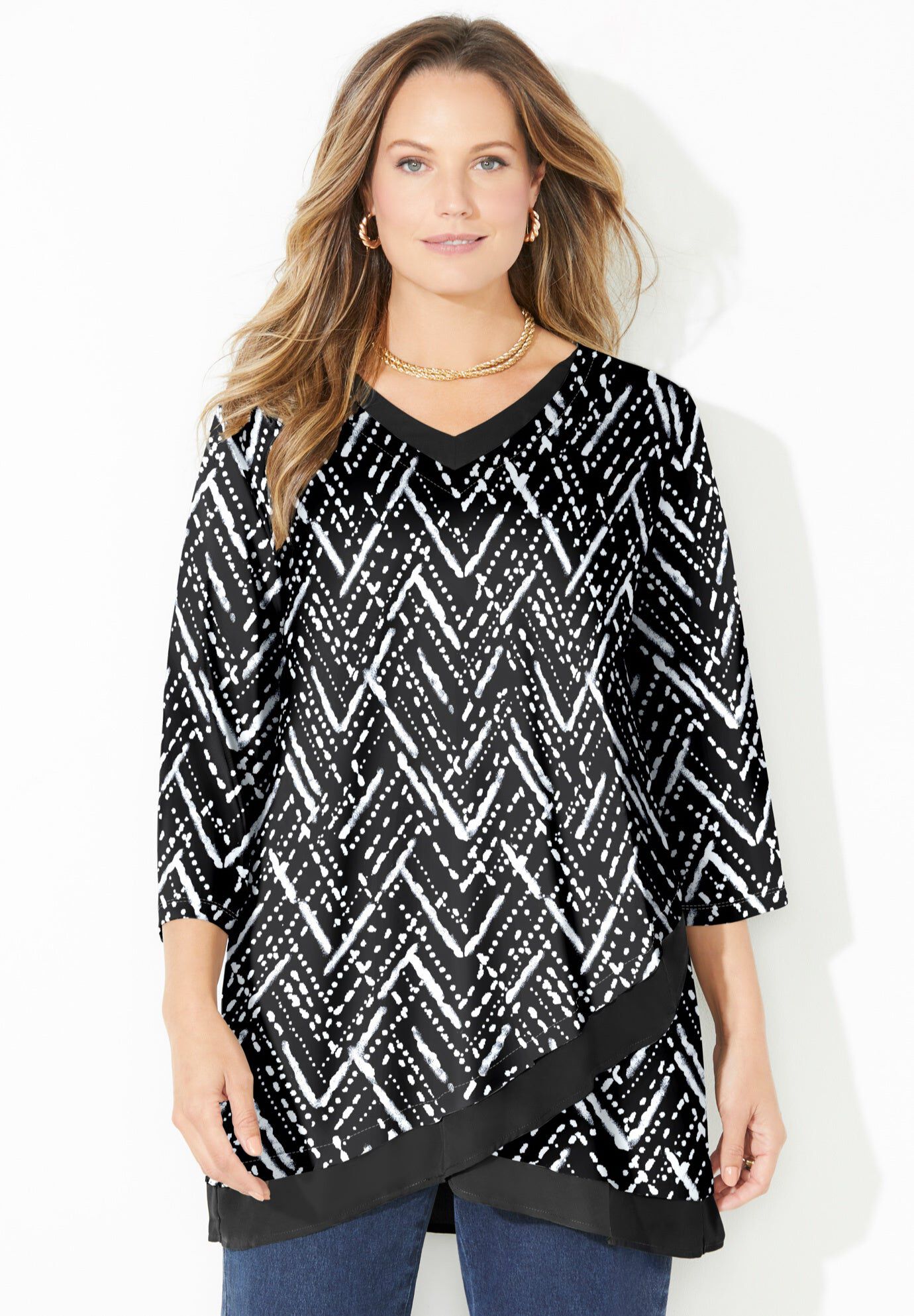 Layered Hem Top, BLACK CHEVRON, hi-res image number 0