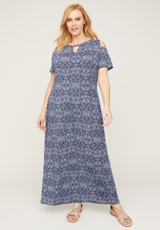 Blue Tile Cold-Shoulder Maxi Dress, BLUE TILE PRINT, hi-res image number 0