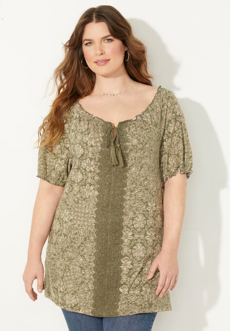 Crochet Trim Peasant Top, OLIVE GREEN OUTLINED DAMASK, hi-res image number null