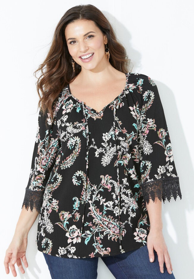 Crochet Trim Peasant Blouse, BLACK FLORAL PAISLEY, hi-res image number null