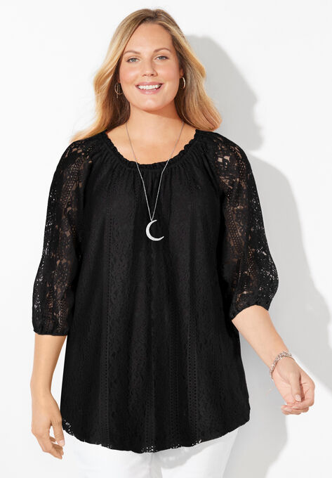 Stretch Lace Peasant Blouse, BLACK, hi-res image number null