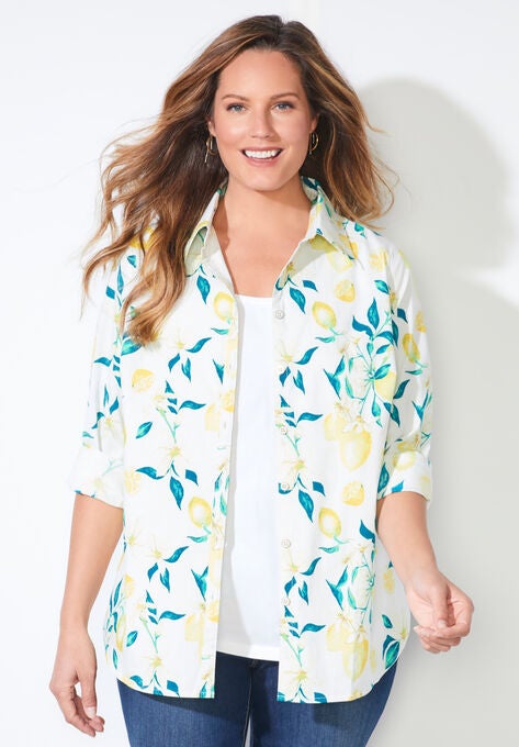 Liz&Me™ Buttonfront Shirt, WHITE WATERCOLOR LEMON, hi-res image number null