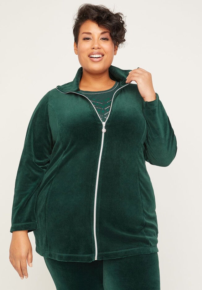 Cozy Velour Zip-Front Jacket, FOREST GREEN, hi-res image number null