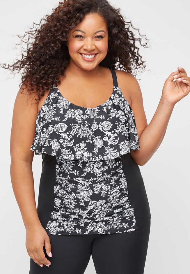 Norwalk Flounce Tankini Top, PAISLEY DAMASK BLACK, hi-res image number null