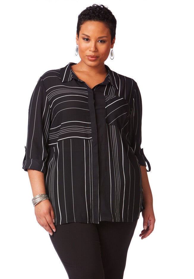 Mixed Stripe Blouse, BLACK, hi-res image number null