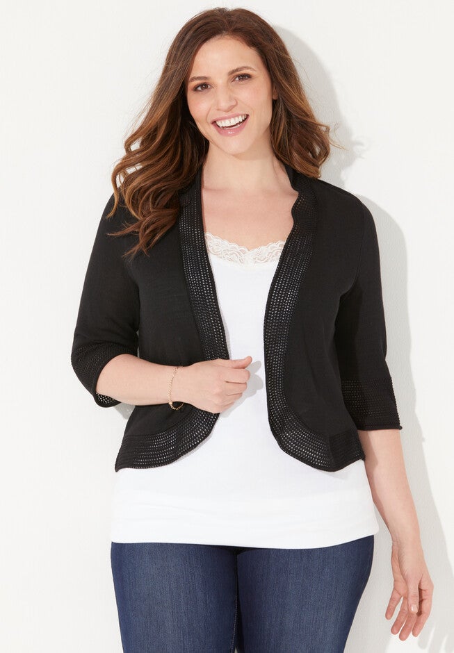 Pointelle Shrug Cardigan, BLACK, hi-res image number 0