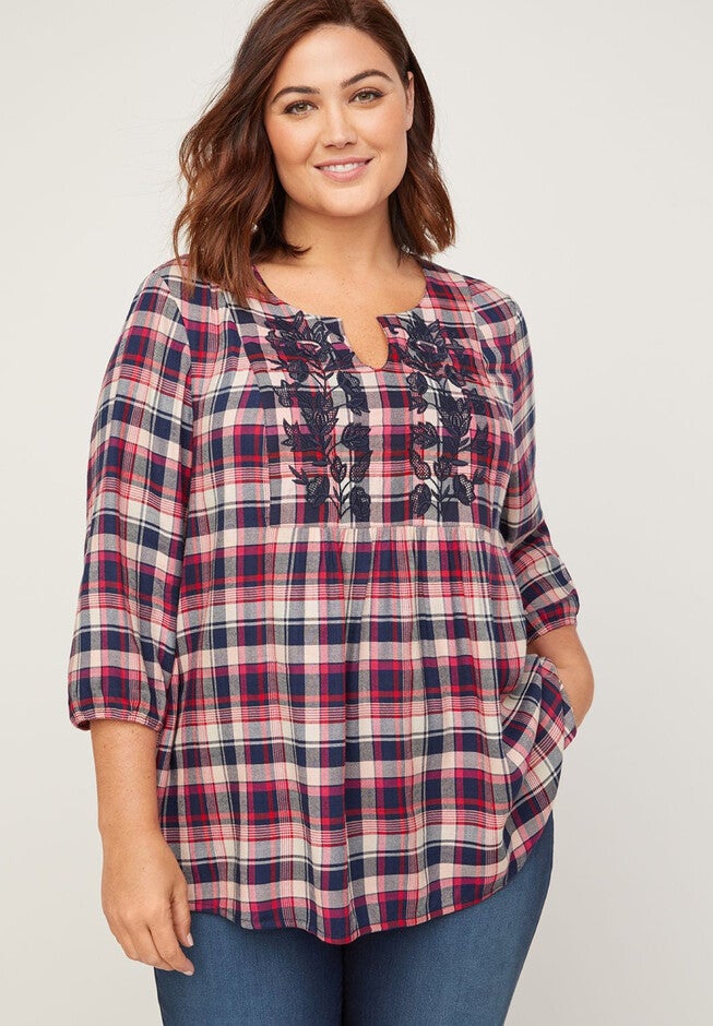 Floral Breeze Peasant Top, PINK PLAID, hi-res image number null