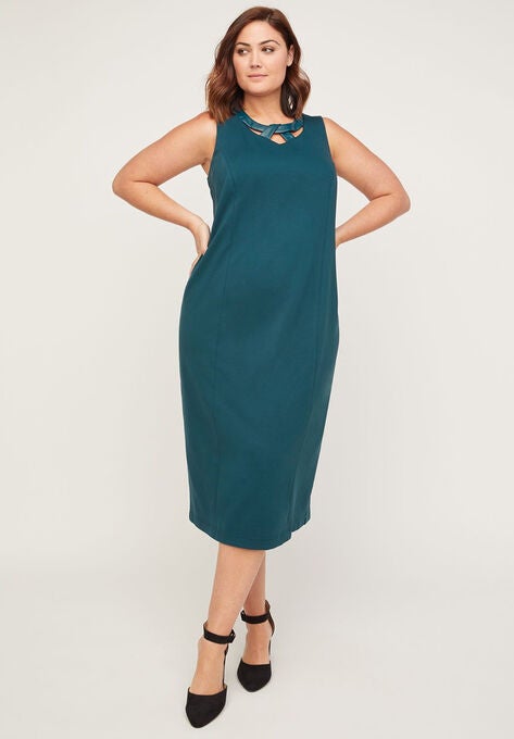 Black Label Ponte Dress With Vegan Leather Neckline, ROYAL TEAL, hi-res image number null