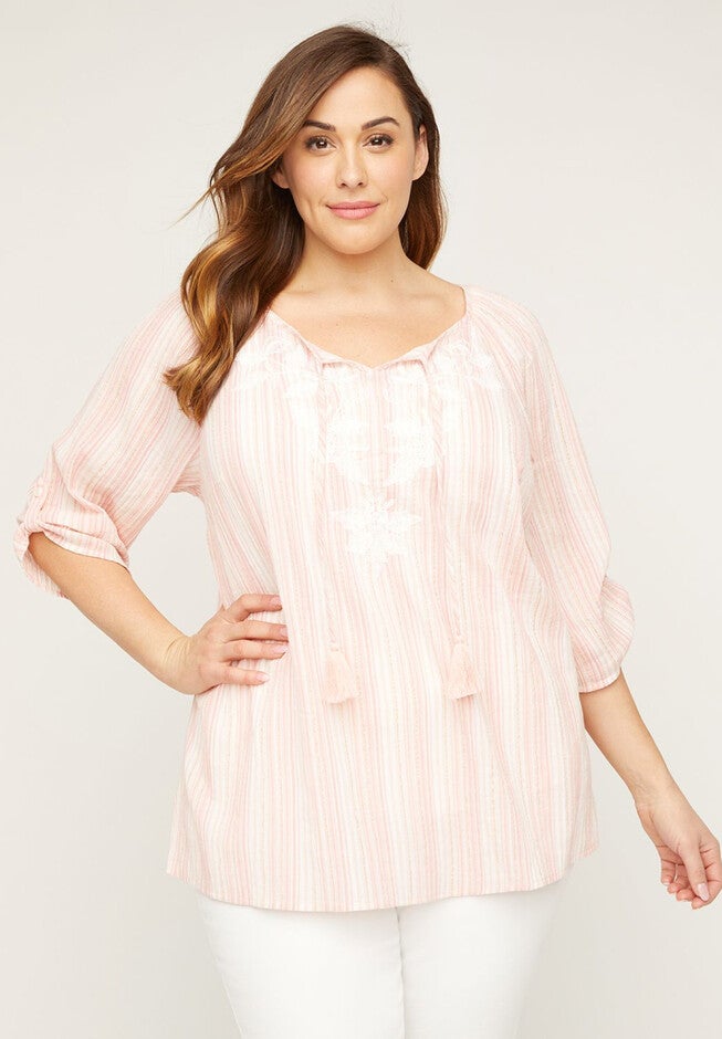 Shimmer Gauze Peasant Top with Embroidery, PINK AND WHITE, hi-res image number null
