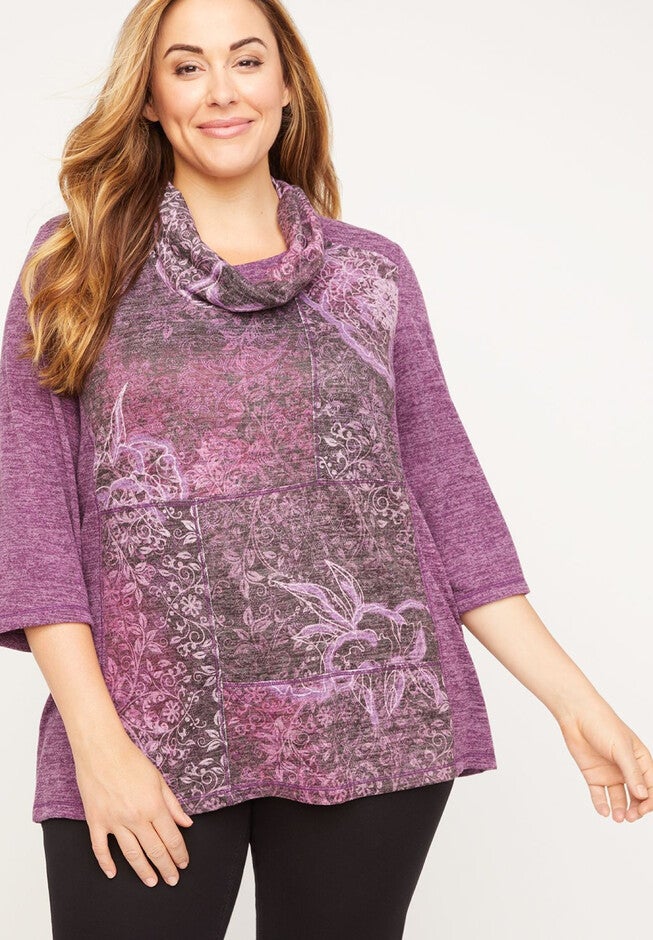 ComfySoft Patchwork Cowl-Neck Top, PURPLE FLORAL, hi-res image number null