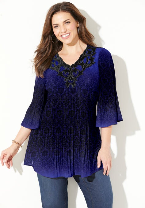 Velvet Trim Pleated Blouse, DARK SAPPHIRE OMBRE DAMASK, hi-res image number null