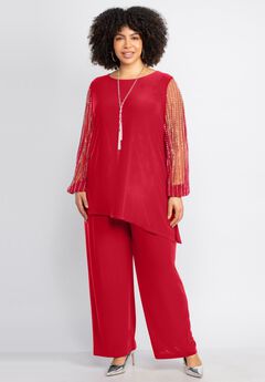 2-Piece Beaded Mesh Sleeve Pant Suit