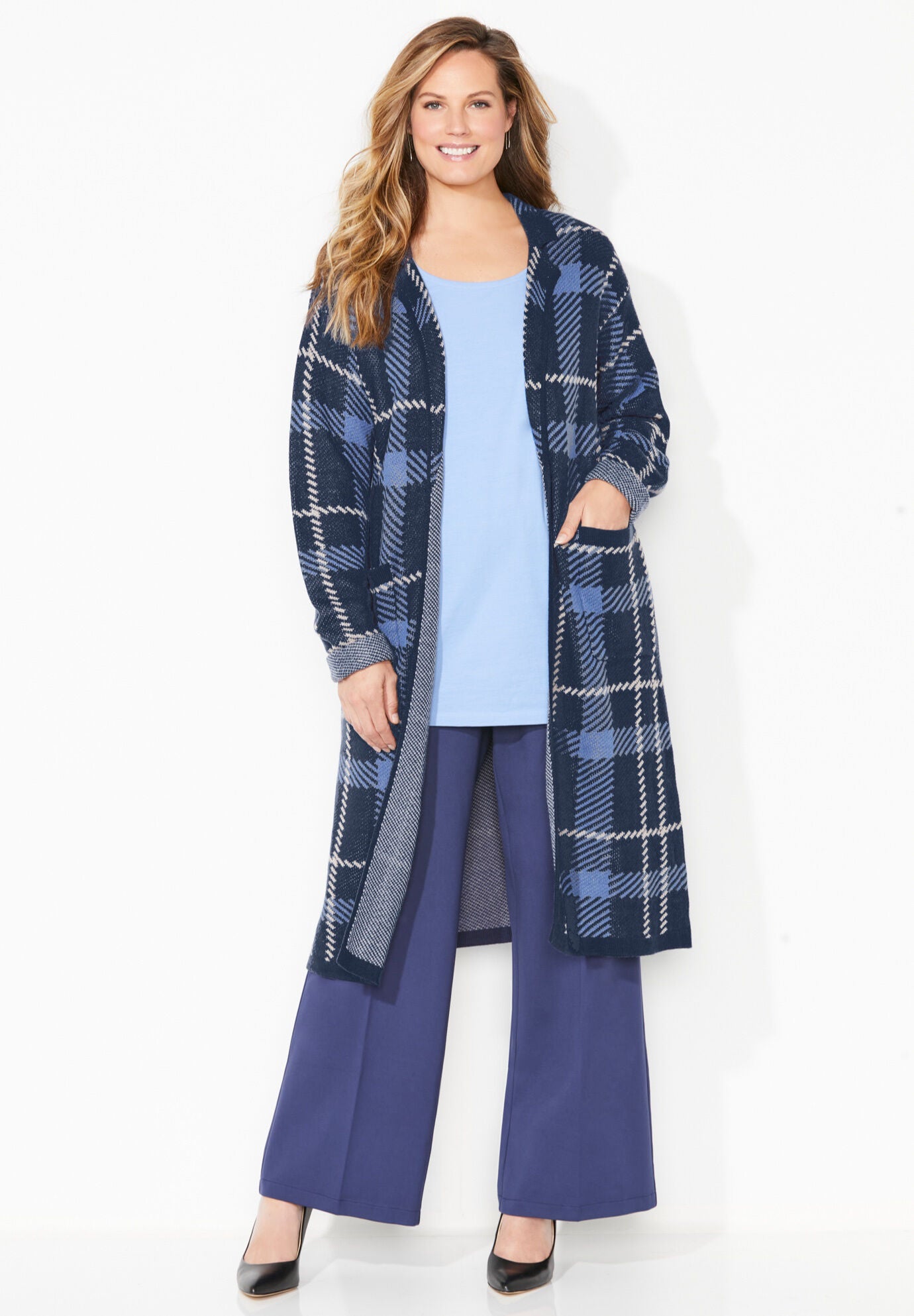 Liz&Me&reg; Trench Cardigan, NAVY PLAID, hi-res image number 0