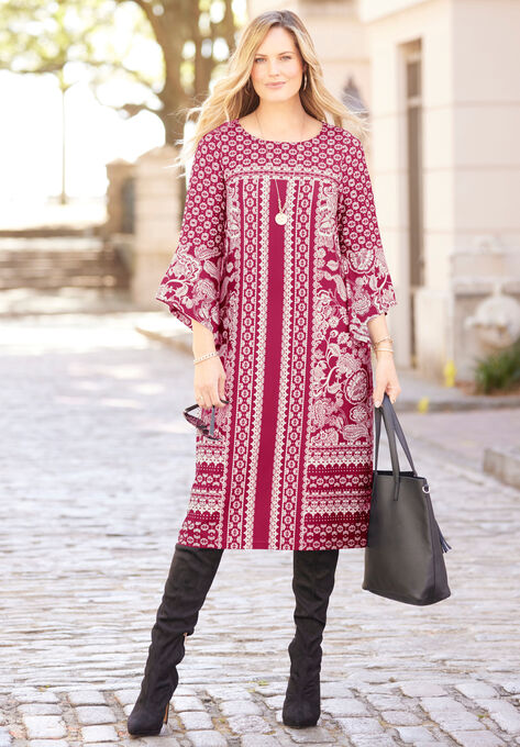 Bell Sleeve Shift Dress, CHERRY RED PAISLEY, hi-res image number null