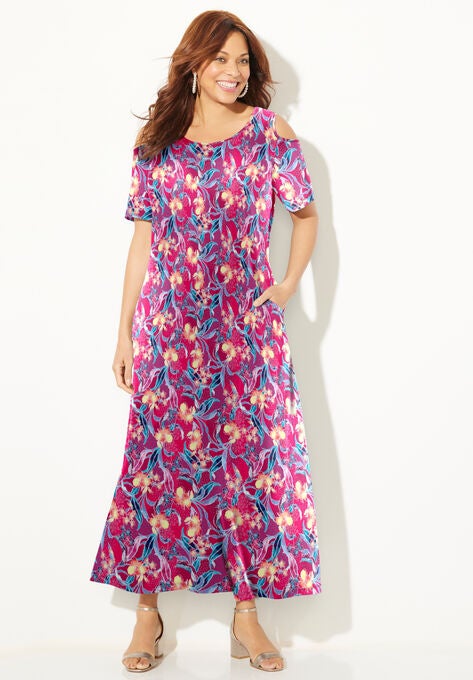 Open-Shoulder Pocket Maxi Dress, PINK BURST FLORAL, hi-res image number null