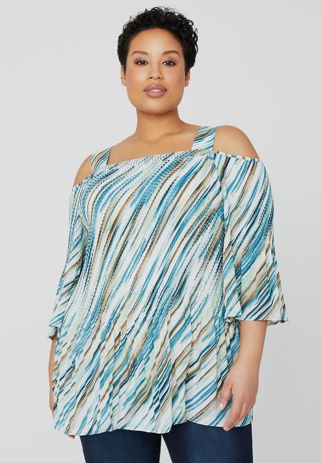Studded Cold-Shoulder Pleat Top, MALDIVES SHORE, hi-res image number null