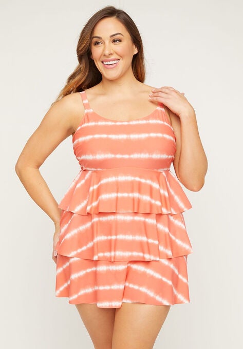 Tie-Dye Tiered Swimdress, PORCELAIN ROSE ELECTRIC STRIPE, hi-res image number null